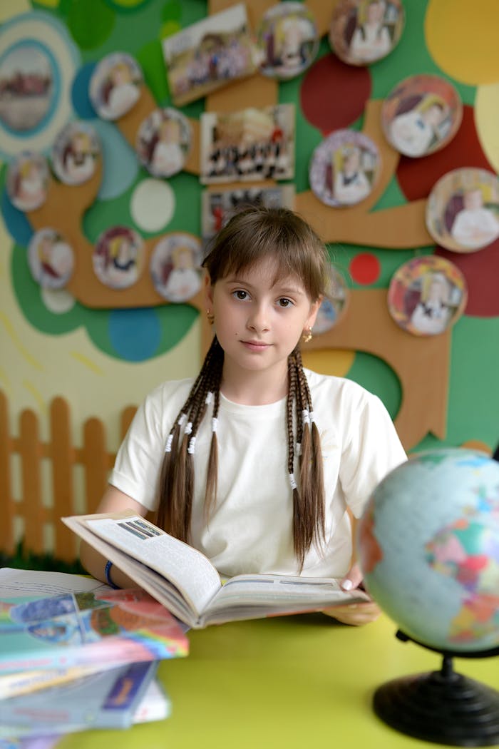 За Учебен център Логика+ A girl sits reading in a vibrant classroom with a globe and educational materials.