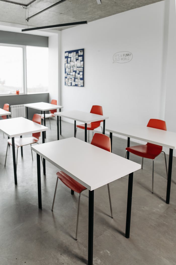 Mastering the First Impression: Your intriguing post title goes here Contemporary classroom interior with red chairs and white desks arranged in rows.